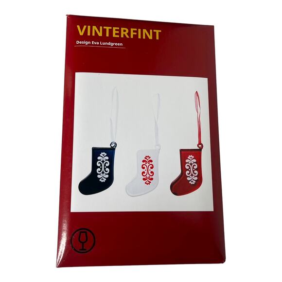 NEW Set (3) GLASS CHRISTMAS STOCKINGS Red White Gray Holiday Decor Vinterfint - Picture 3 of 5
